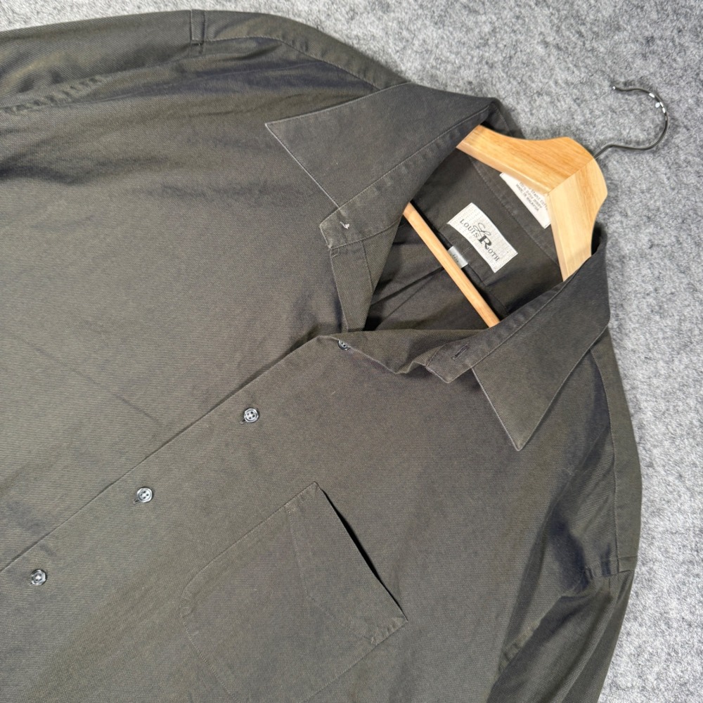 Louis Roth‎ Mens Dark Olive Green 100% Cotton Dobby Button Down Shirt 17.5 34/35